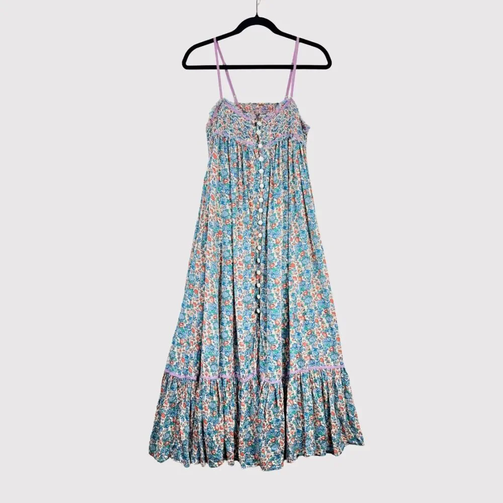 Free People Maxi Dress Blue Molly Jo Floral Button Down Cutout Back Smocked XS